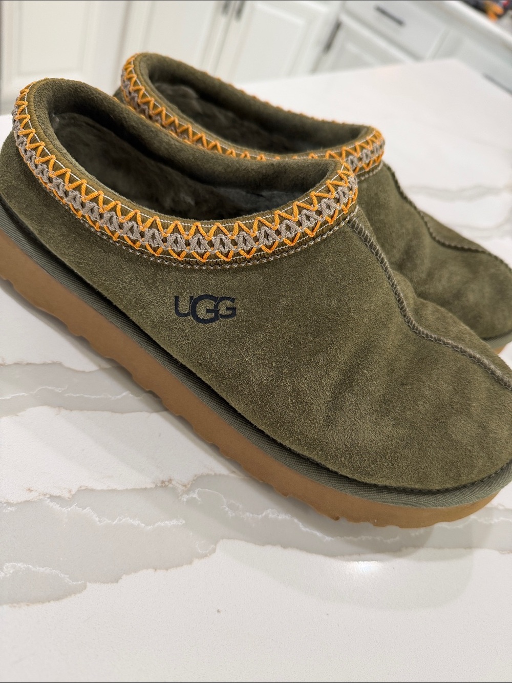 UGG Kids Olive Green Suede Mule Slippers with Orange Trim